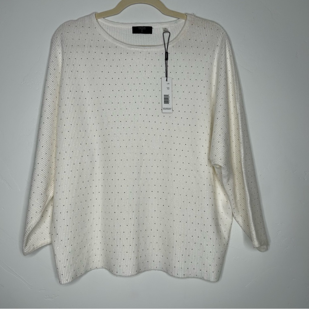 NWT Tahari Off White Knit Silver‎ Rhinestone Sweater Large Holiday Winter Office